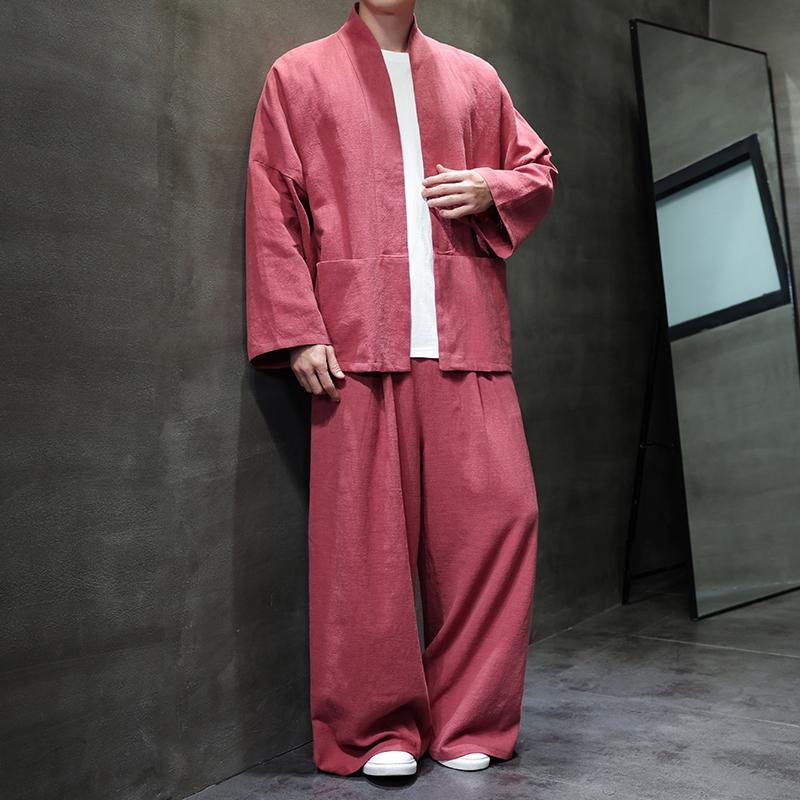 开衫唐装风棉麻禅修居士茶服大码披风汉服套装M910K013P160，男装休闲套装，星座409-1