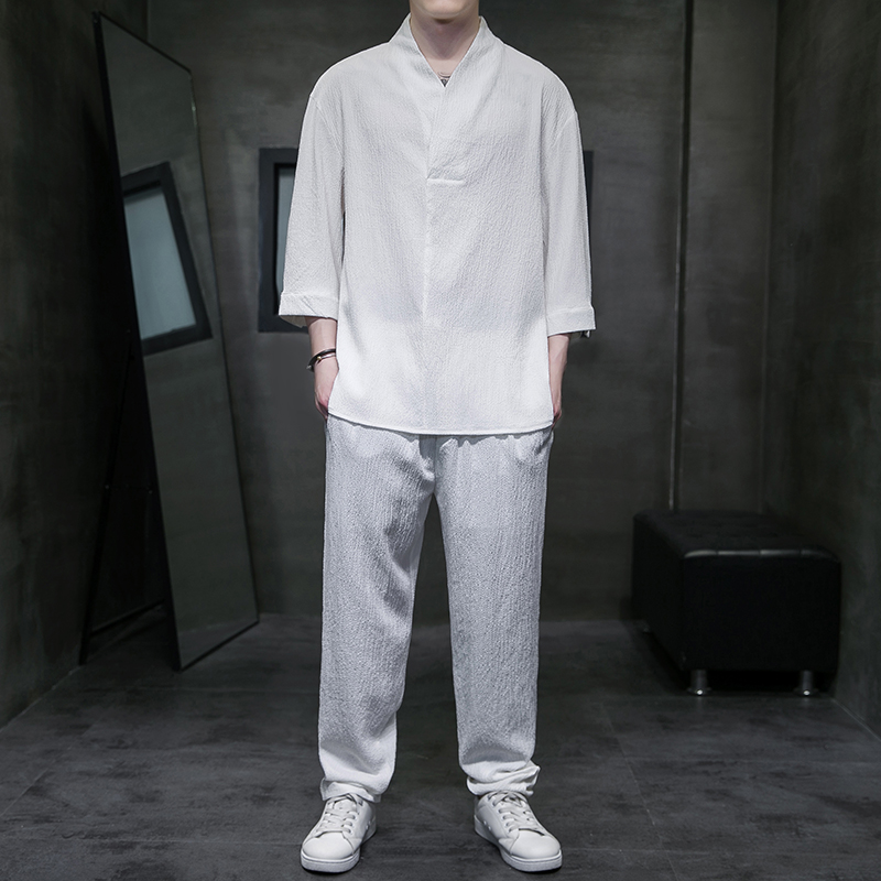 夏季男唐装套装男士风半袖男装汉服休闲薄款短袖t恤CK053P110，男装民族服装，星座409-1