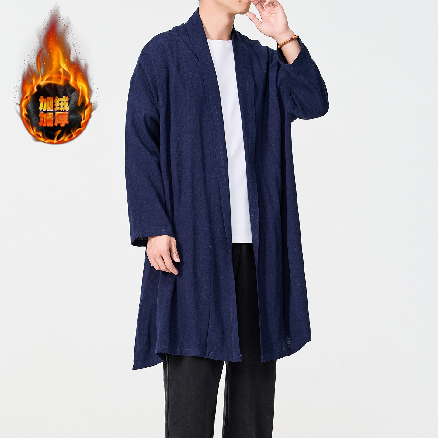 2025中国风披风宽松亚麻开衫休闲中长款对襟风衣男装C018加绒P100,男装,汉服,淘宝优惠券,粉丝福利购,淘宝优惠卷