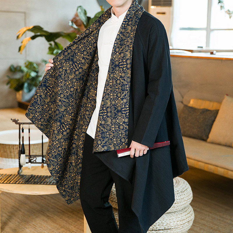 风棉麻唐装复古黑色民族居士服道袍男士休闲双面披风C017P85,男装民族服装,星座409-1