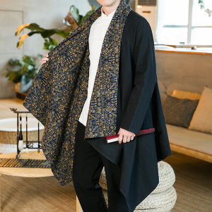 风棉麻唐装复古黑色民族居士服道袍男士休闲双面披风C017P85图片