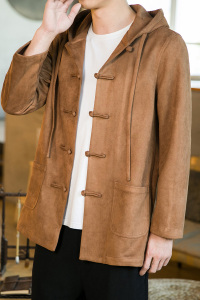 秋冬风盘扣对襟汉服380克重磅鹿皮绒唐装连帽外套男C050P120图片