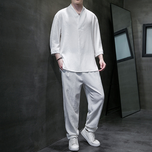 风夏季5分袖套装唐装青年薄款短袖T恤汉服复古男装CK053P110图片