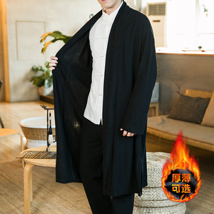 2025男装加绒风道袍披风宽松亚麻开衫休闲中长款风衣C018P85图片