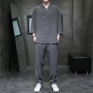 风新款夏季男套装薄款半袖t恤休闲五分袖唐装汉服CK053P110