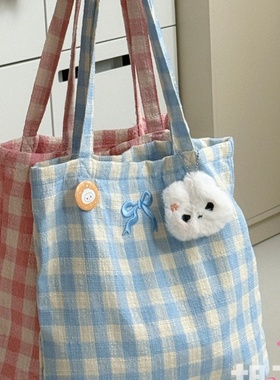 胡子鸡仔少女风蓝色格纹两面背两用布袋包小清新蝴蝶结刺绣单肩包