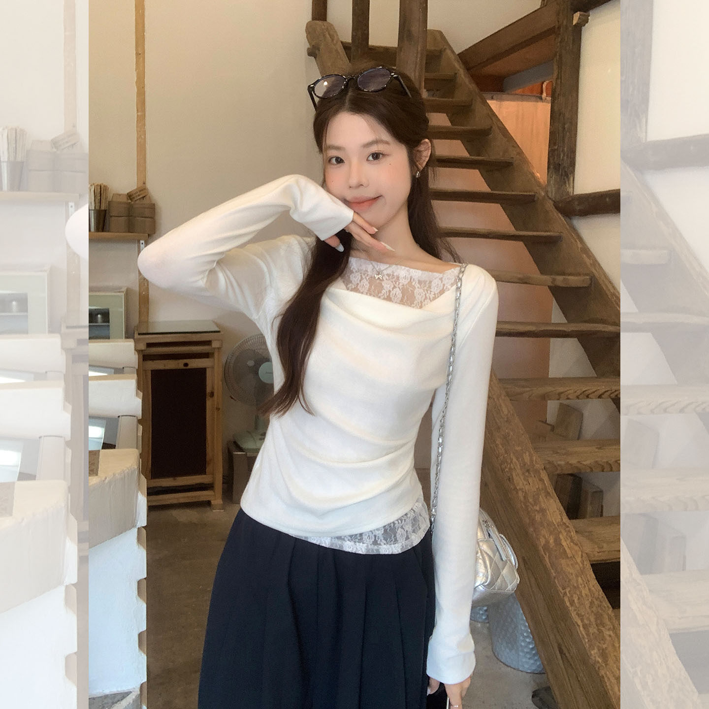 白色荡领蕾丝假两件长袖T恤女装早秋穿搭内搭打底衫修身收腰上衣