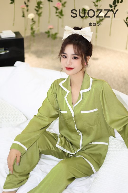 素舒尔春夏新品V领西装风居家服女士睡衣套装高密绸缎S225649＃