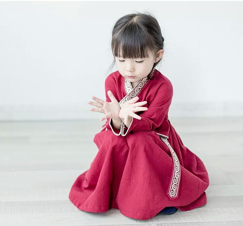 唐装汉服红色长袖小女孩