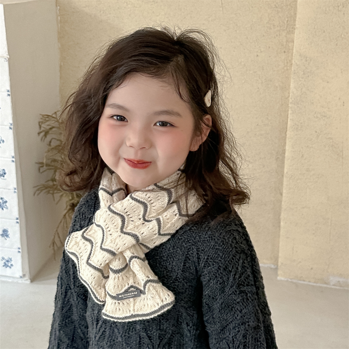 儿童围巾秋冬保暖波纹交叉围脖男童女孩针织毛线防风护颈宝宝脖套