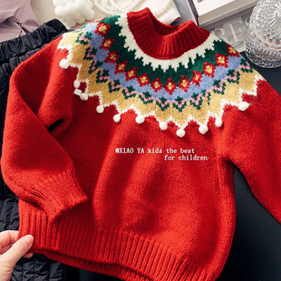 女童手工球球提花毛衣冬季女孩红色新年红上衣儿童保暖复古针织衫