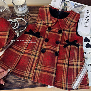 女童蝴蝶结加绒红格子连衣裙冬季女孩加厚背心裙儿童保暖新年裙子