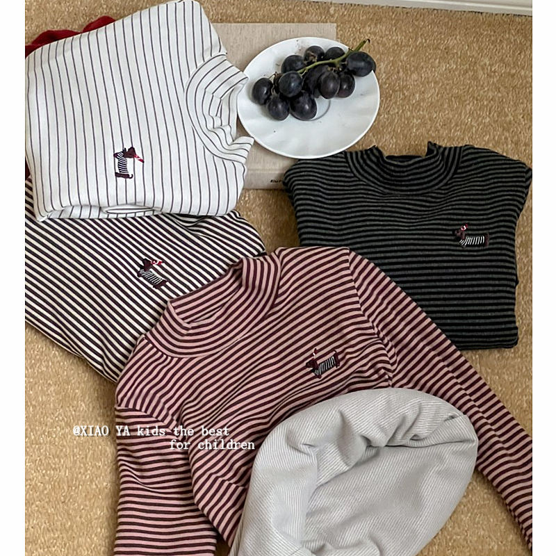 韩版女童双层加厚条纹T恤冬季