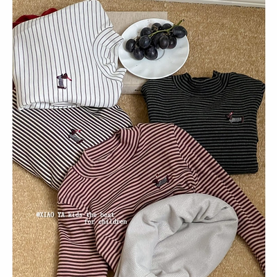 韩版女童双层加厚条纹T恤冬季