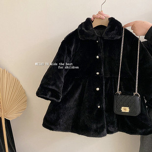 女童翻领黑色毛绒绒外套冬季女孩气质珍珠扣加厚大衣儿童保暖上衣