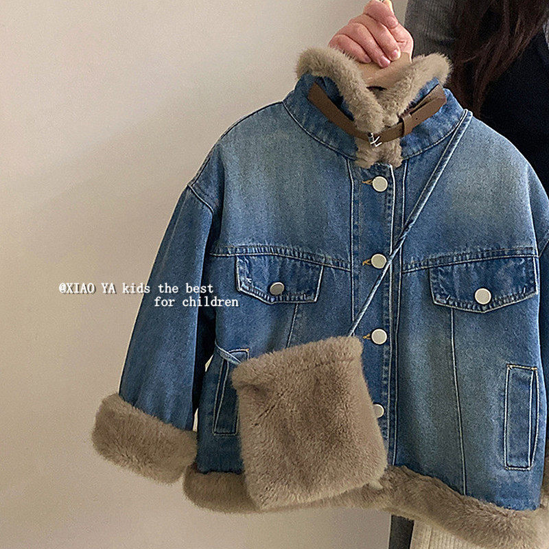 羊羔毛拼接加绒牛仔外套女童冬装皮毛一体棉衣儿童保暖棉服带包包,童装/婴儿装/亲子装,儿童牛仔外套,淘宝优惠券,粉丝福利购,淘宝优惠卷