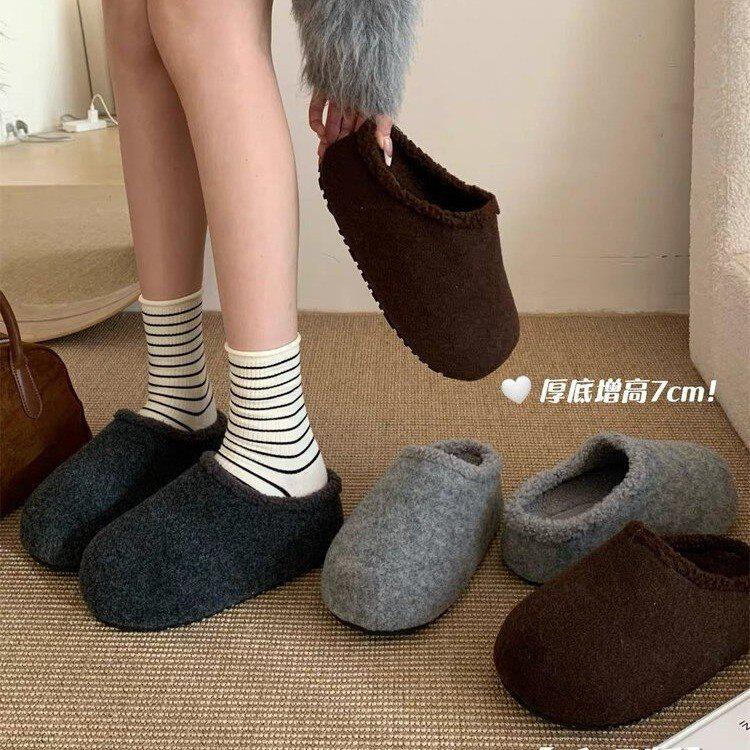 小码勃肯鞋3334超火冬季加绒厚底包头半拖外穿保暖毛毛鞋一脚蹬
