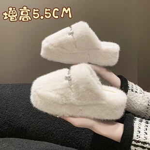 小码棉拖鞋313233外穿2025超火毛毛鞋加绒一脚蹬包头半拖厚底增高