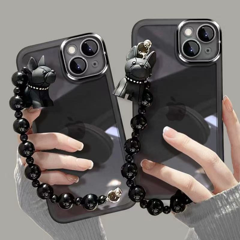 黑色斗牛犬链条苹果16/16pro手机壳自带镜头膜iPhone16proMax软壳