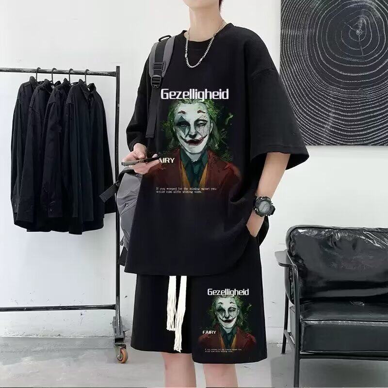 华夫格运动套装男士夏季痞帅潮流T恤短裤两件套港风潮流一套穿搭