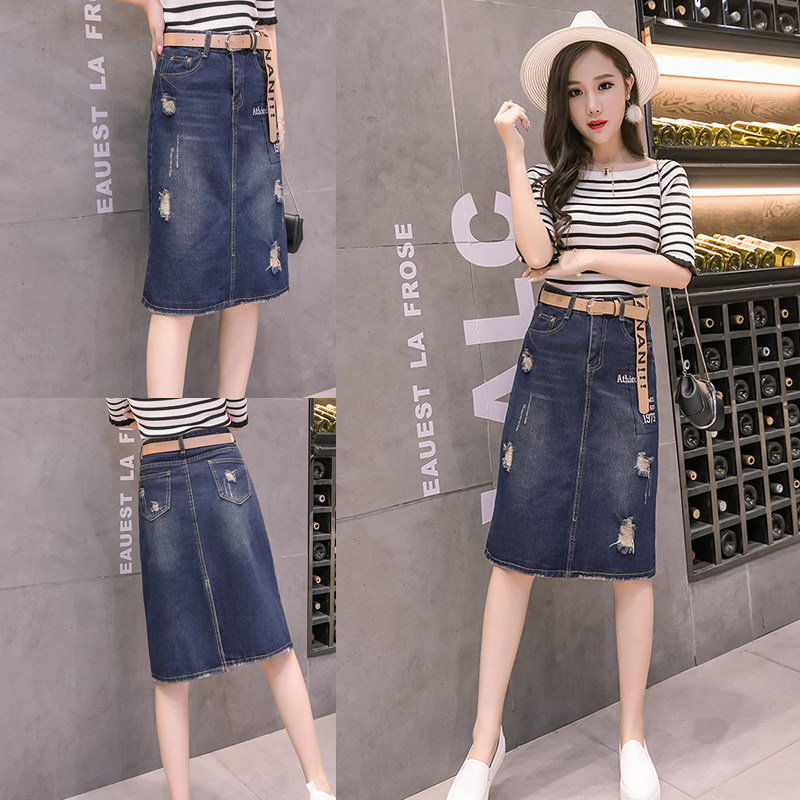 牛仔半身裙女夏2019新款韩版破洞开叉a字高腰字母包臀一步裙中裙在类目 女装/女士精品, 半身裙中 - 来自Buy2taobao.com提供专业的淘宝代购服务