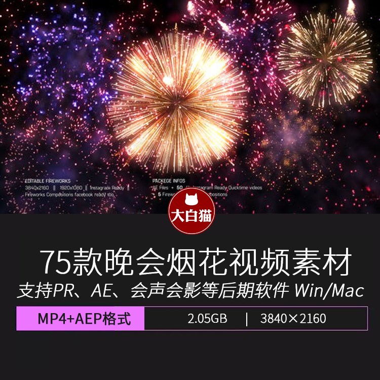烟花视频素材 4K高清节日婚礼新年活动晚会烟花火动画MP4+AE模板