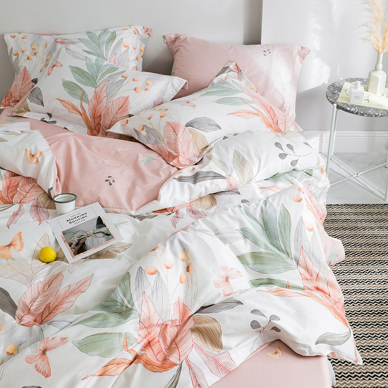 花卉田园风叶子时尚清新全棉四件套纯棉床单床笠1.8m双人床上用品