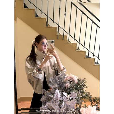 WANANTONG 比弗利new money 棉麻条纹夹克外套女春季修身短外套