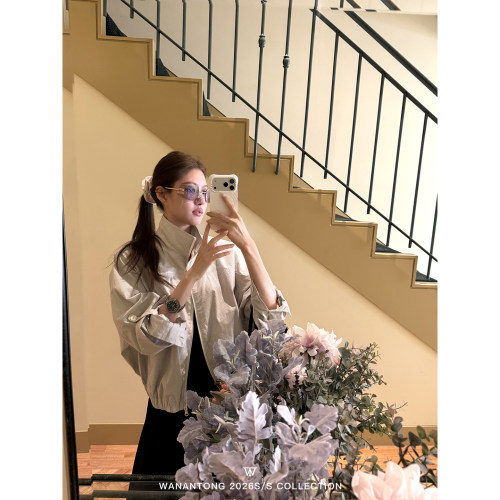 WANANTONG 比弗利new money 棉麻条纹夹克外套女春季修身短外套