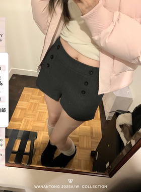 WANANTONG 搭配巧思 装饰扣灰色条纹短裤女秋冬休闲裤