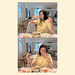 money new 轻量松弛感 毛织条纹短袖 WANANTONG 上衣女夏季 美式