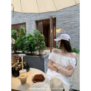 波浪绣花边一字领上衣女夏季 vacation 短上衣 city WANANTONG