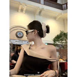 WANANTONG 罗马假日 自带美感斜肩系带上衣女夏季露肩上衣