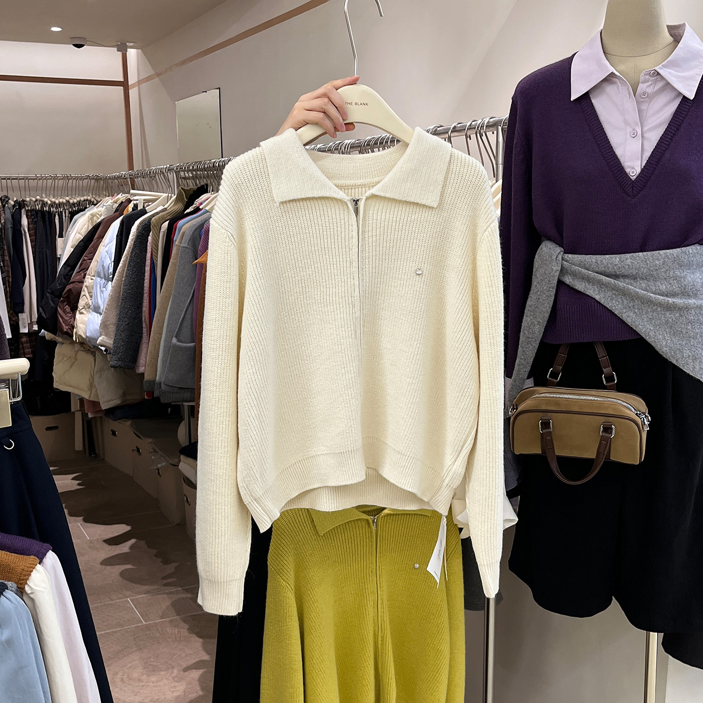 宽松翻领拉链毛衣开衫外套