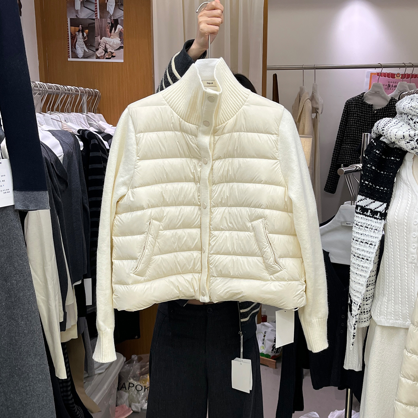 时尚针织拼接羽绒服白鸭绒外套冬