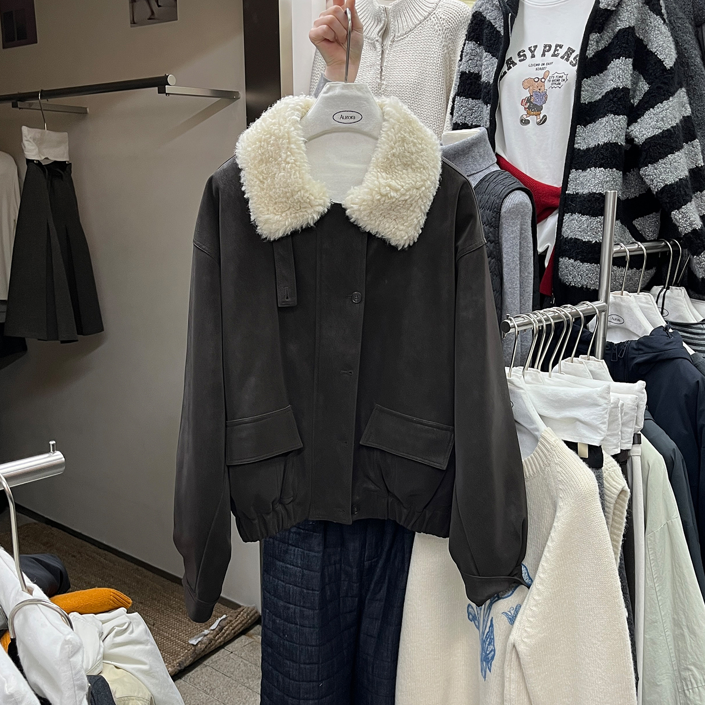 宽松休闲毛领保暖羽绒皮衣外套