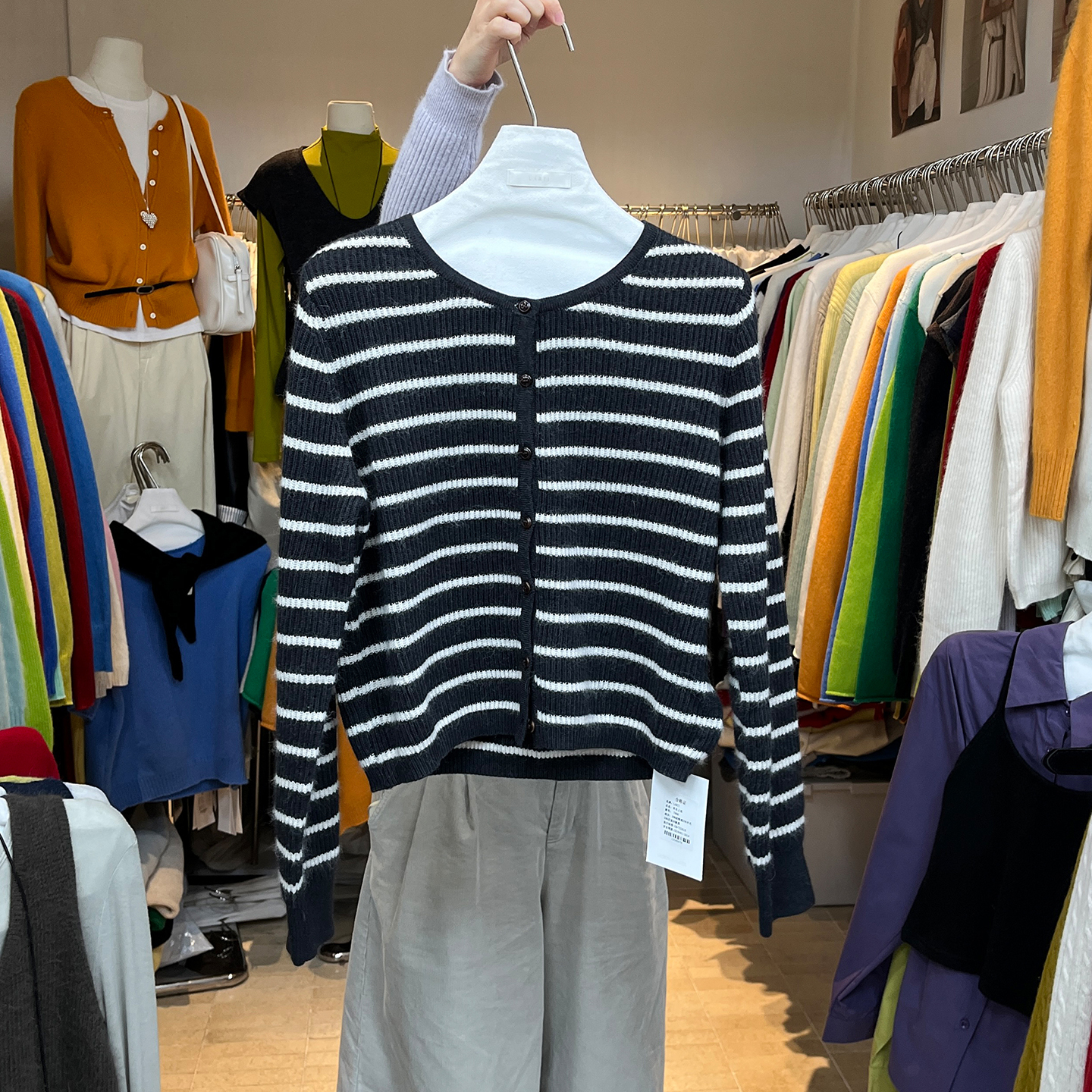 宽松圆领条纹毛衣针织开衫外套