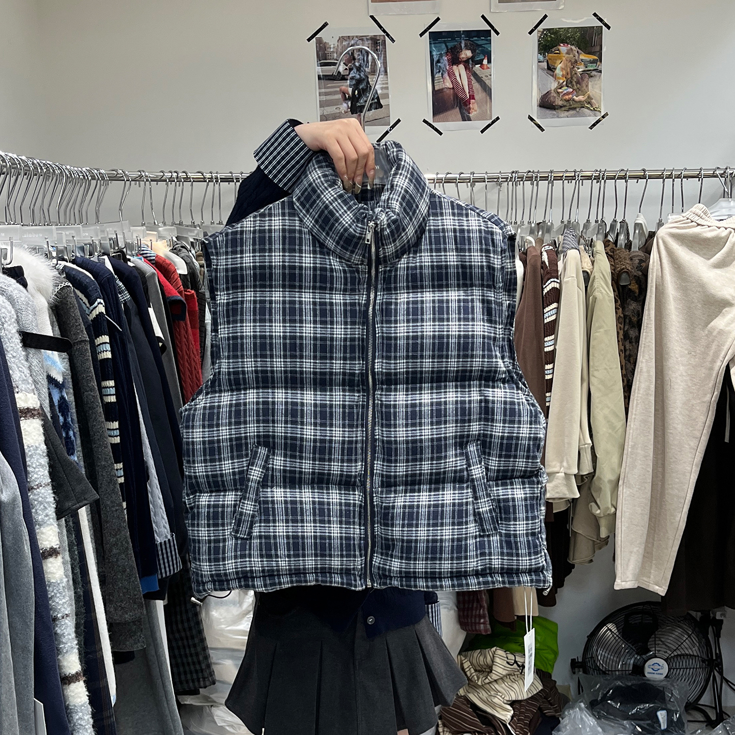 高领保暖格子棉服马甲外套女