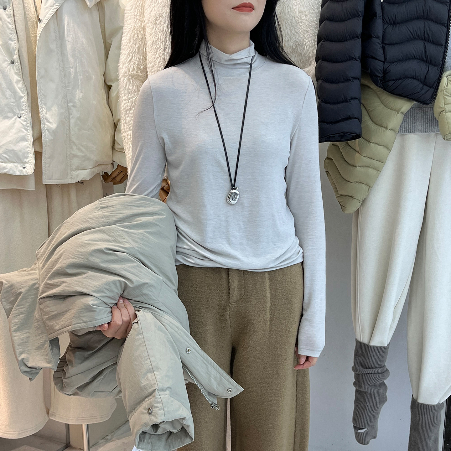 秋冬纯色高领长袖打底衫女