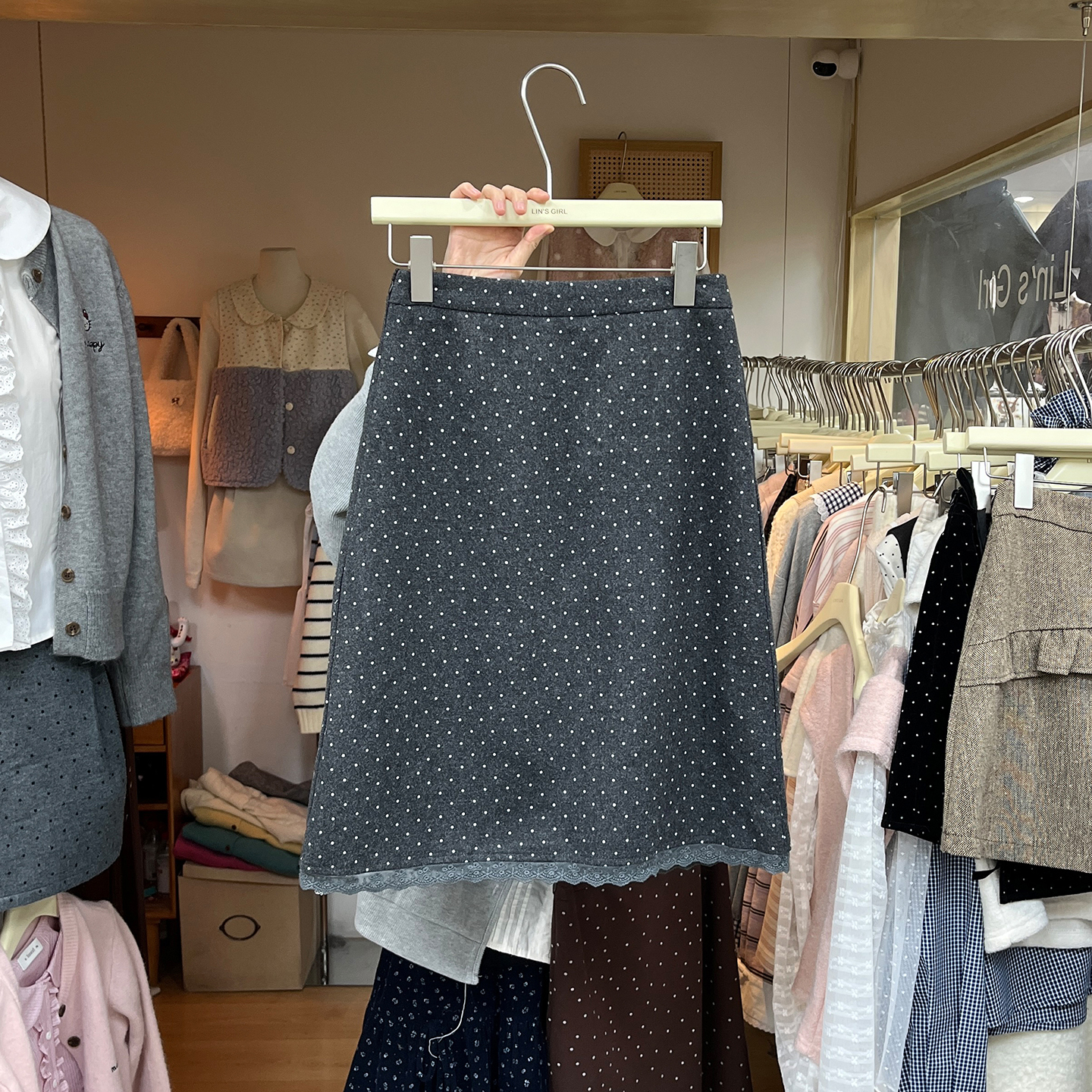 蕾丝拼接高腰半身裙毛呢波点裙