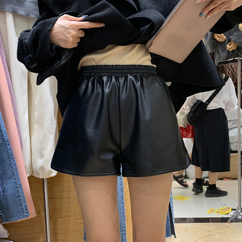 YOOMINI韩版2019秋季新款高腰显瘦a字裤松紧腰纯色短裤气质皮裤女买三送一