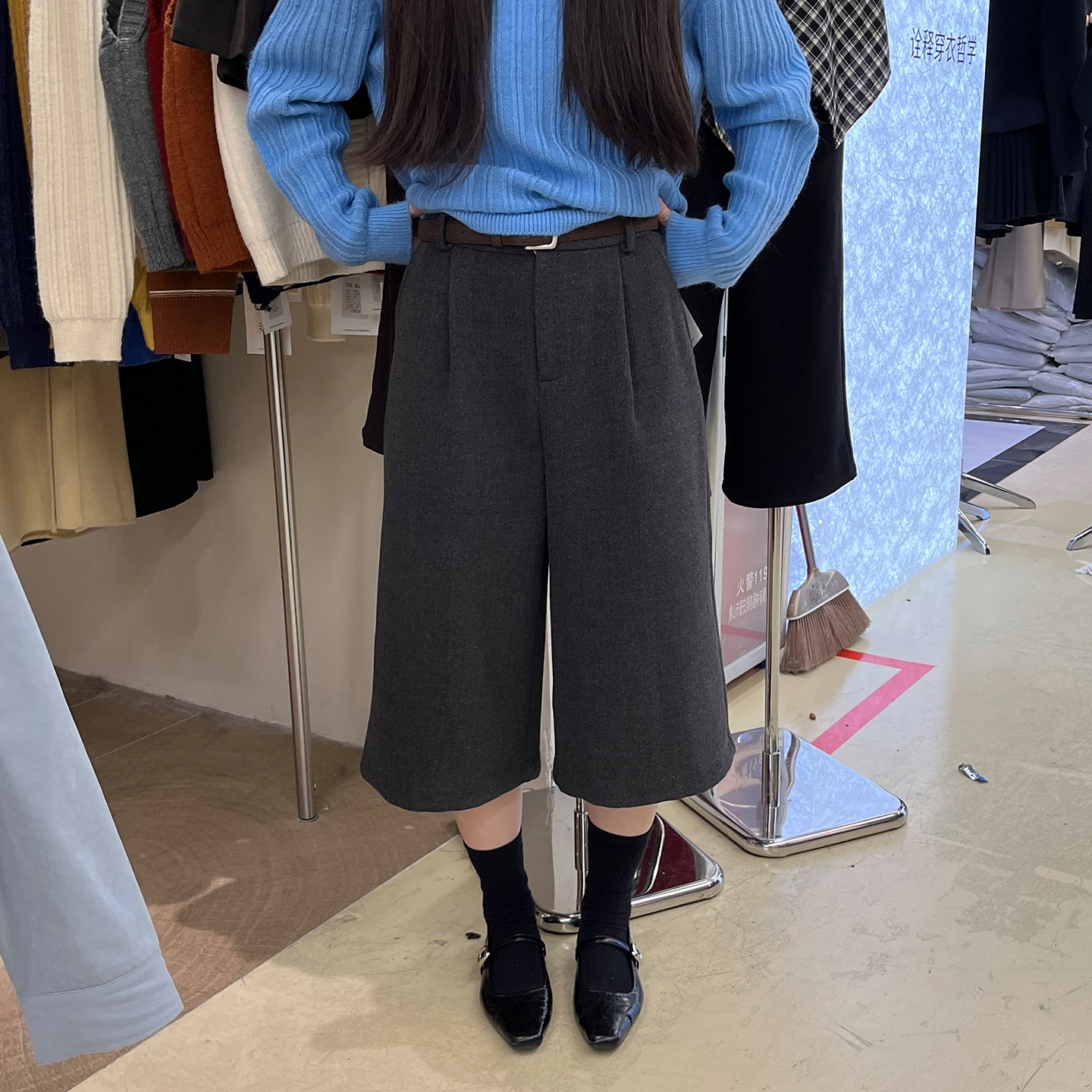 七分毛呢裤子女复古老钱风阔腿裤