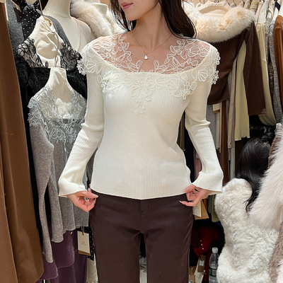 冬网纱花边拼接修身针织衫女