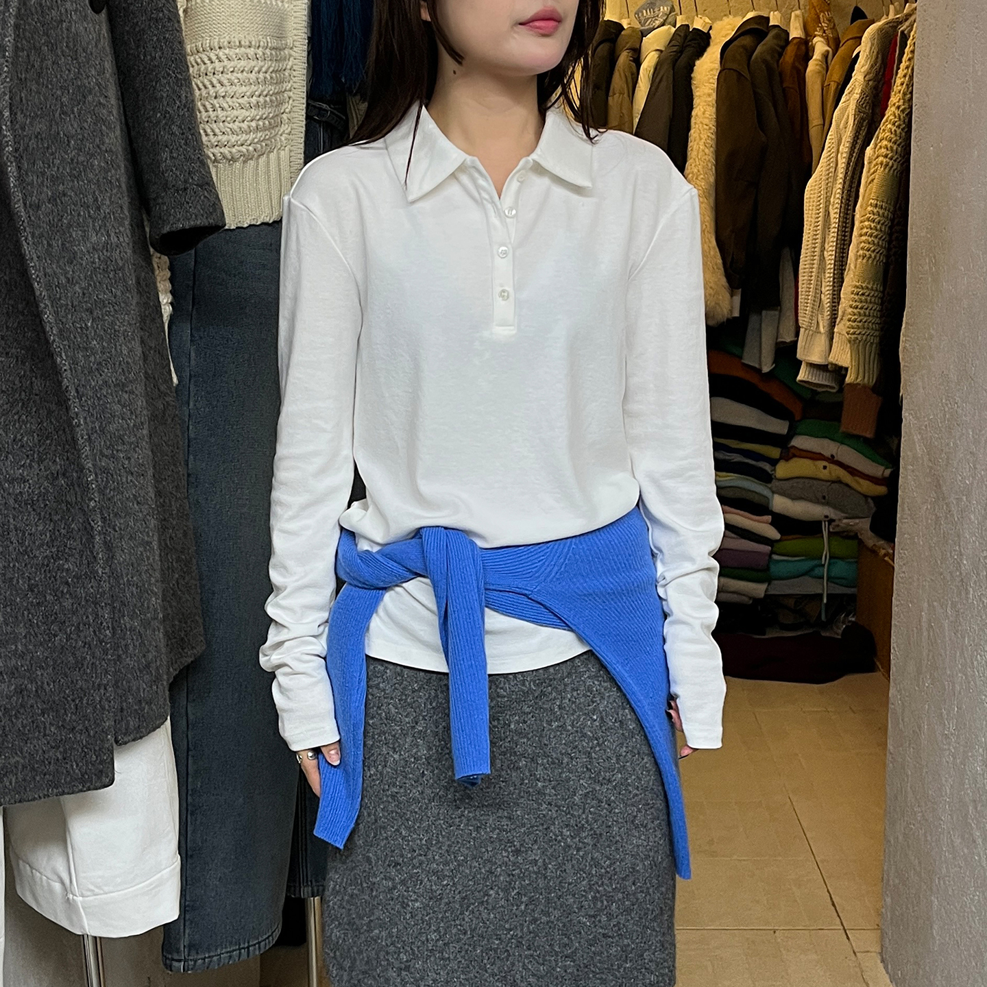 宽松纯色POLO领长袖T恤女