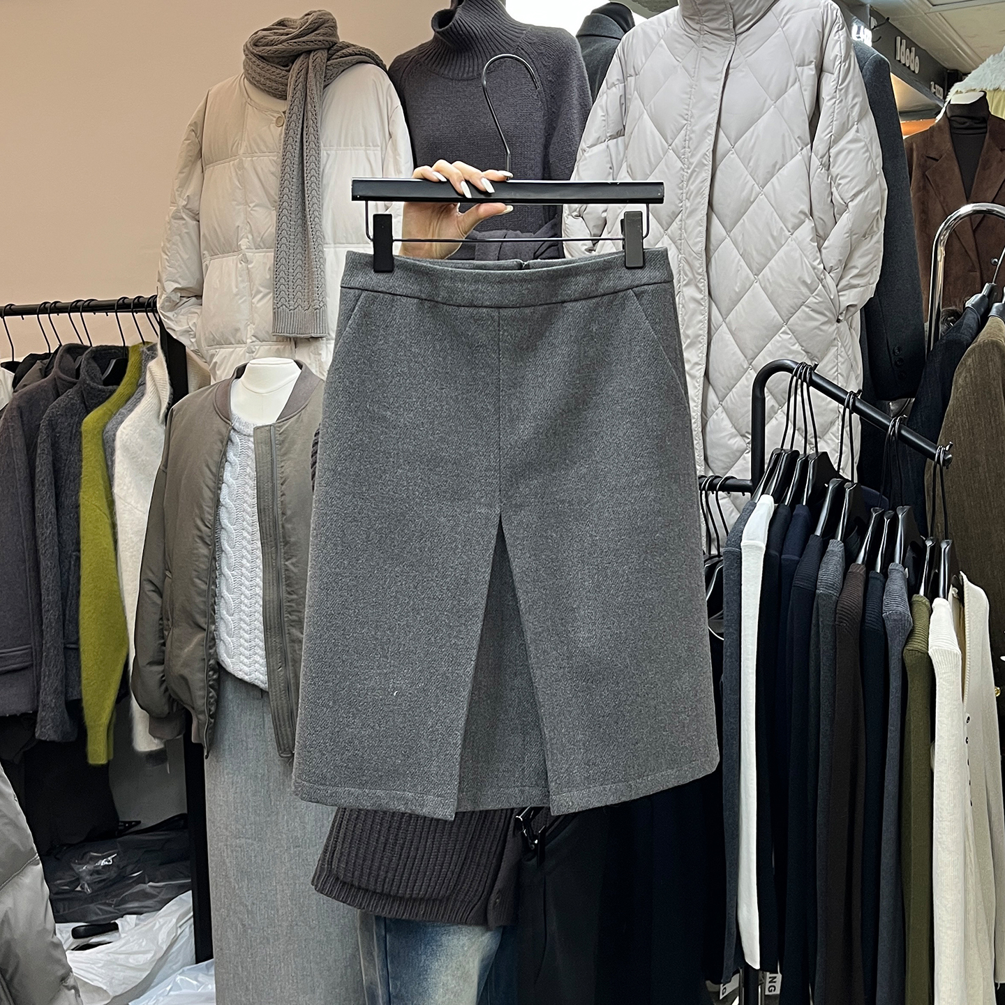 开叉毛呢半身裙女高腰显瘦直筒裙