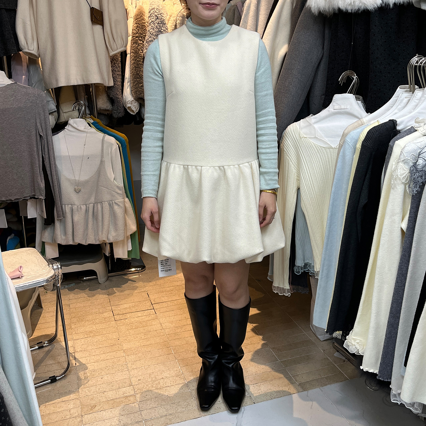 中长款纯色收腰毛呢背心连衣裙