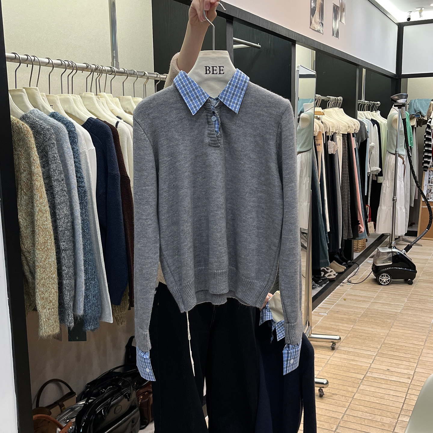 假两件针织衫女叠穿格子衬衫毛衣