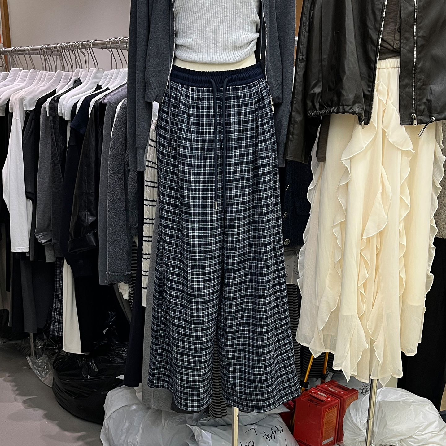 高腰格子毛呢阔腿长裤