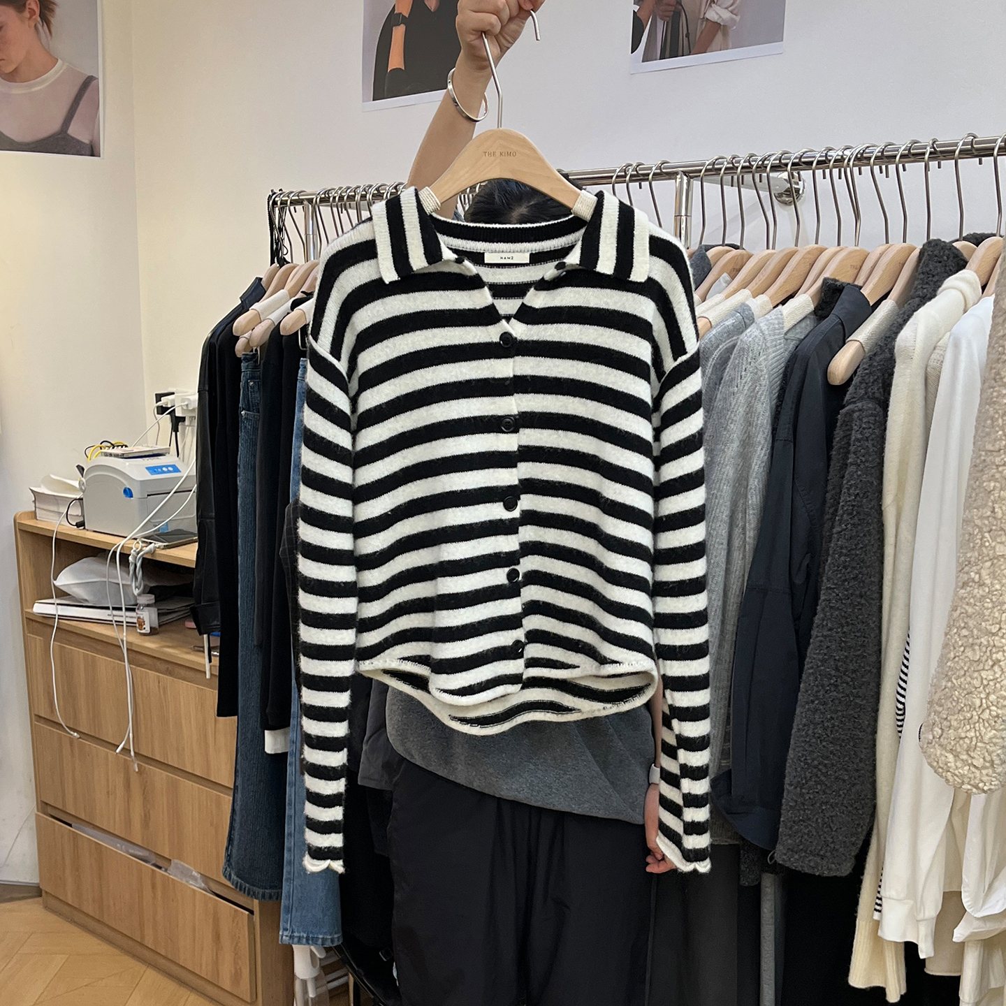 翻领条纹针织衫女宽松薄款短外套