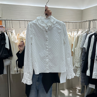 新款 女春秋十三行女装 精致刺绣蕾丝边甜美上衣 宫廷风波点衬衫 法式